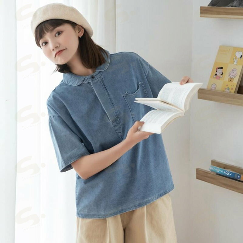 Rakuten - 送料無料 デニム ブラウス レディース 丸襟 ブラウス 半袖 ブラウス ショート丈 ブラウス 夏 トップス レディース ポケット付き ブラウス 体型カバー 半袖 トップス 可愛い かわいい デニム綿 通勤 春 コットン 上品 きれいめ シンプル リラックス カジュアル 春夏