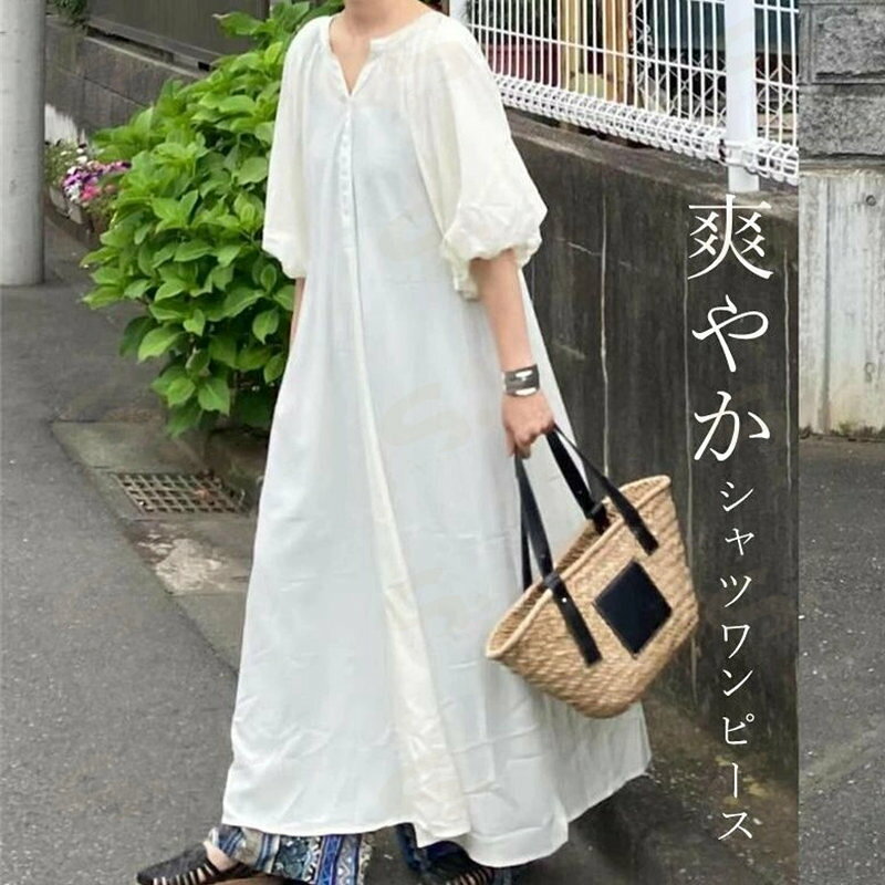 Rakuten - ワンピース フレア レディース ロングワンピース 春 夏 秋 半袖 五分袖 ボリューム袖 Vネック ぽわん袖 無地 カジュアル デイリー スリット 薄手 ロングワンピ シンプル お洒落 リラックス 楽ちん 二の腕カバー ゆったり 体型カバー 可愛い 20代 30代 40代