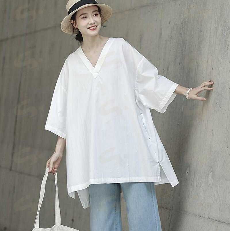 ワンピース チュニック チュニック ブラウス ロングカットソー 夏 Tシャツ vネック カットソー プルオーバー tシャツ トップス レディース 大人 かわいい カジュアル ロングTシャツ 七分袖 おしゃれ 着・せ 大きいサイズ 無地 ゆったり 体型カバー シンプル フォーマル