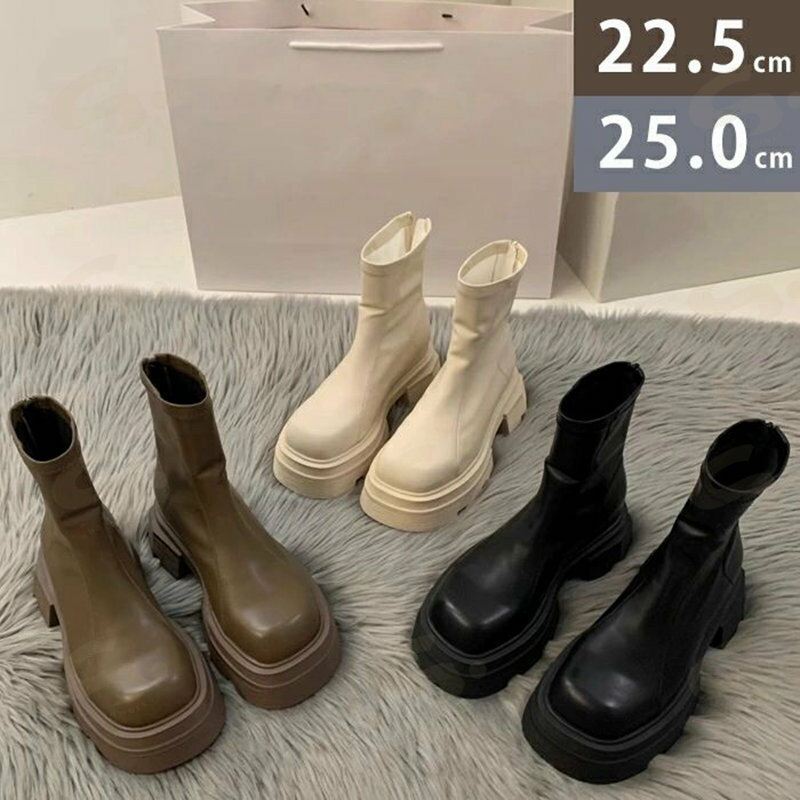 ショートブーツ 厚底 5CM レディース スクエアトゥ 太ヒール 美脚 可愛い おしゃれ オシャレ 韓国 ファッション 大人気 本革 春 夏 秋 冬 ブラック ベージュ カーキ 靴 安定感 滑りにくい 柔らかい 痛くない 疲れない 歩きやすい 通勤 通学 デート