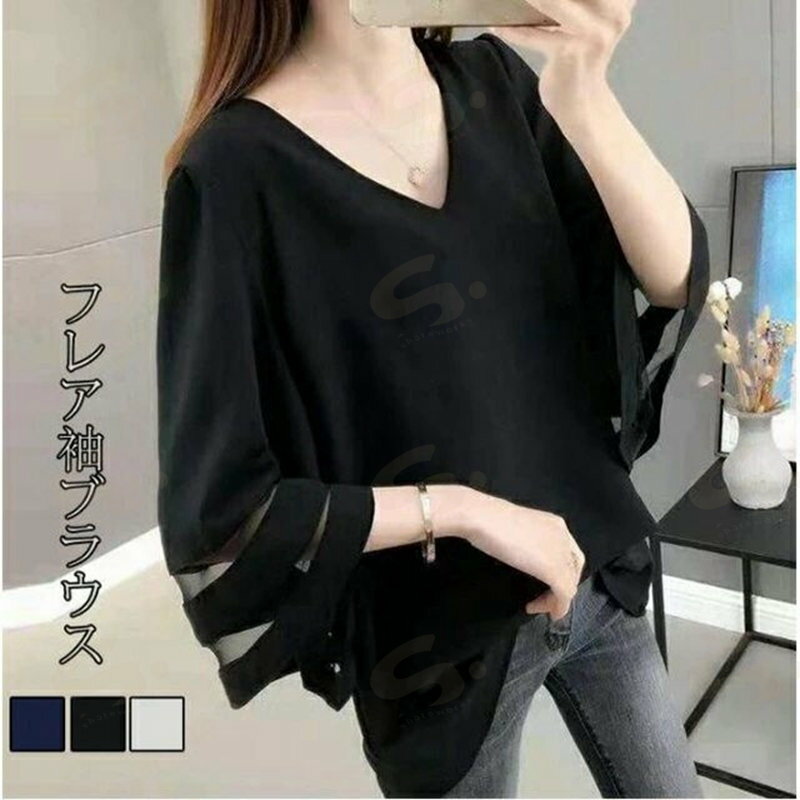 樂天商城 - フレア袖ブラウス Tシャツ Vネック 涼しい 可愛い ゆったり Tシャツ レディース Tシャツ 体型カバー 着痩せ 母の日 夏