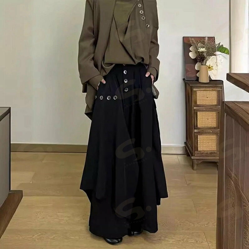 Rakuten - ワイドパンツ メンズ パンツ アシンメトリー デザイン ワイドシルエット クロップドパンツ 九分丈 アンクル丈 変形 個性的 ボタン ボタン付き ゆったり オーバーサイズ リラックス モード系 原宿系 ストリート かっこいい 和風 春 夏 秋 新作 ブラック 黒