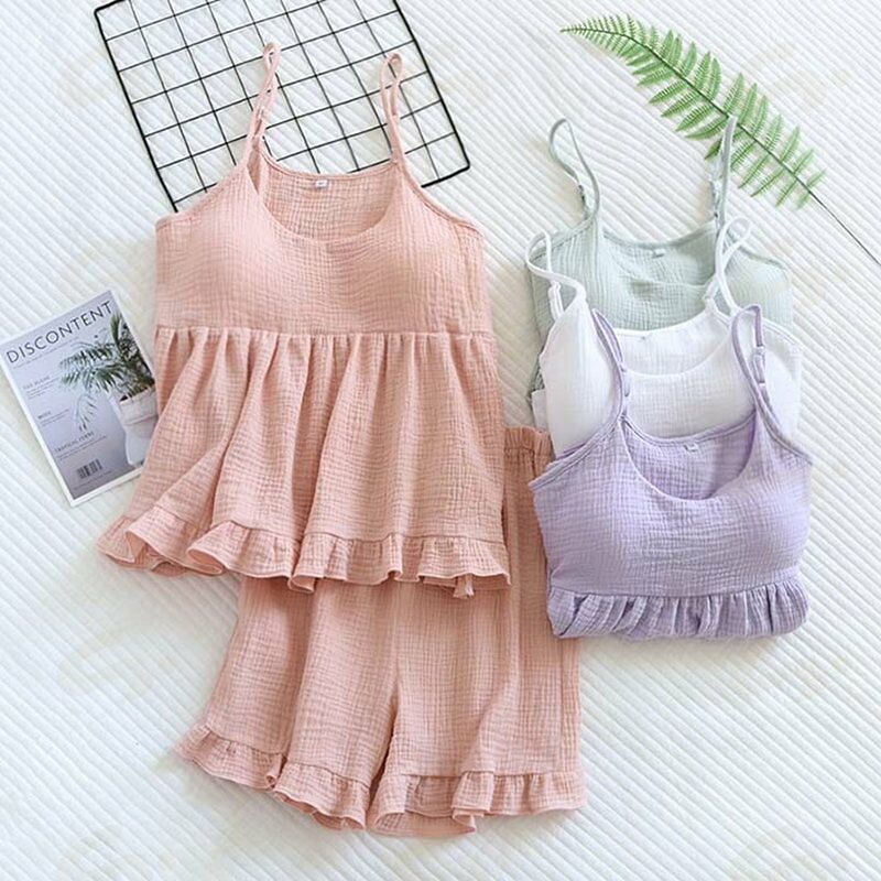 しぇあわーくす 楽天市場店のルームウェア レディース キャミソール カップ付き 春 夏 秋 パジャマ 2点セット 部屋着 上下セット ガーゼ セットアップ 綿 コットン ショート丈パンツ 柔らかい 可愛い ゆったり プレゼント ギフト 贈り物 4色全 送料無料｜アングル2