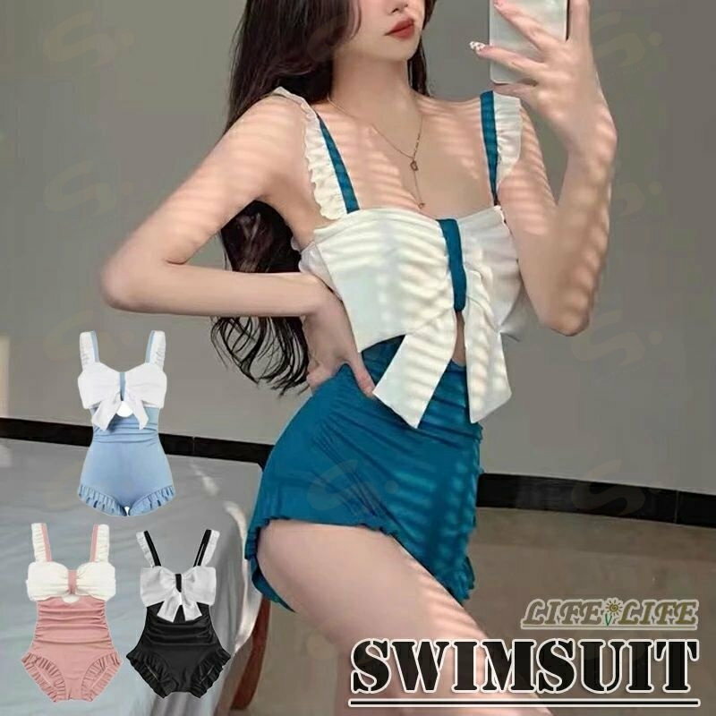 Rakuten - 水着 レディース 体型カバー ワンピース 可愛いリボン オールインワン 大きいサイズ　 おしゃれ 夏 パット付 フレア 水着 海 プール ビーチ 露出控えめ　ノースリーブ 大人 女性用