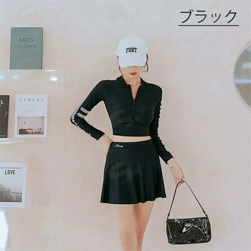 しぇあわーくす 楽天市場店の体型カバー 水着 レディース 長袖ラッシュガードセット2点上下 ショートパンツ セット バスト パット付き 軽量 体型カバー フレアスカート 露出控えめ 大きいサイズ フレア 水着 海 プール ビーチ 女性用｜アングル2