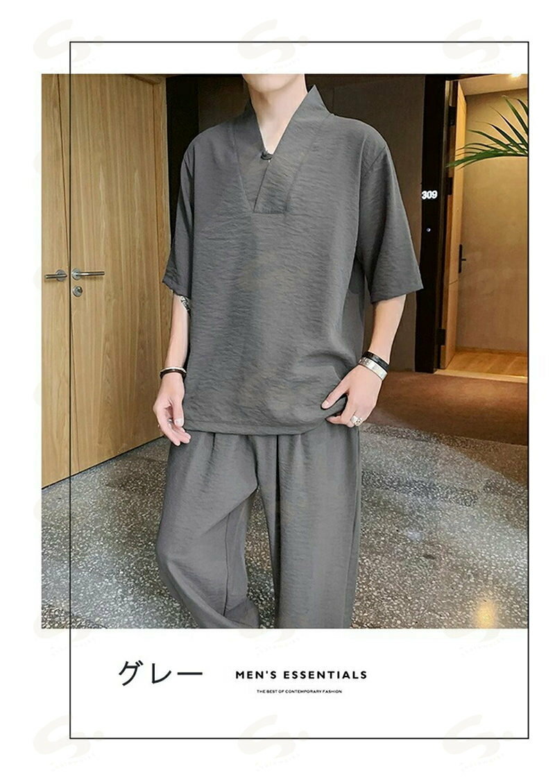 ゴルフウエア メンズ セットアップ tシャツ サルエルパンツ リネン風 夏 スポーツ...