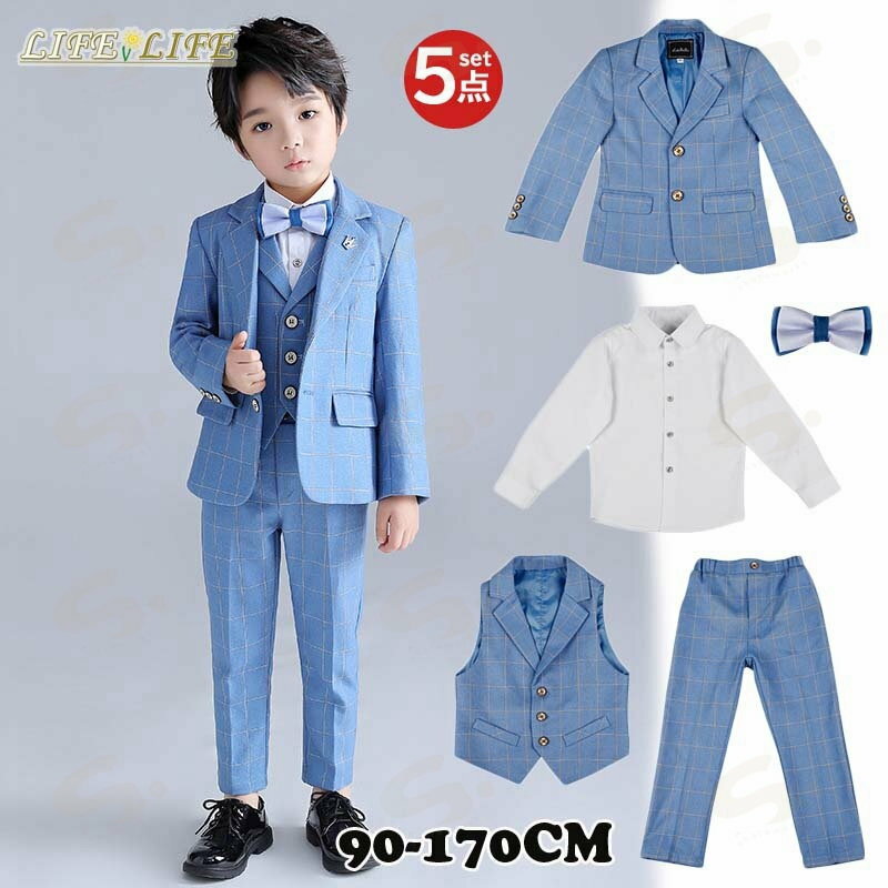 Rakuten - 子供スーツ 入学式 スーツ フォーマル 男の子 卒園式 子供服 5点セット スーツ 蝶ネクタイ ジャケット ズボン ブラウス ベスト キッズ 七五三 入園式 結婚式 お受験 子供フォーマル キッズ