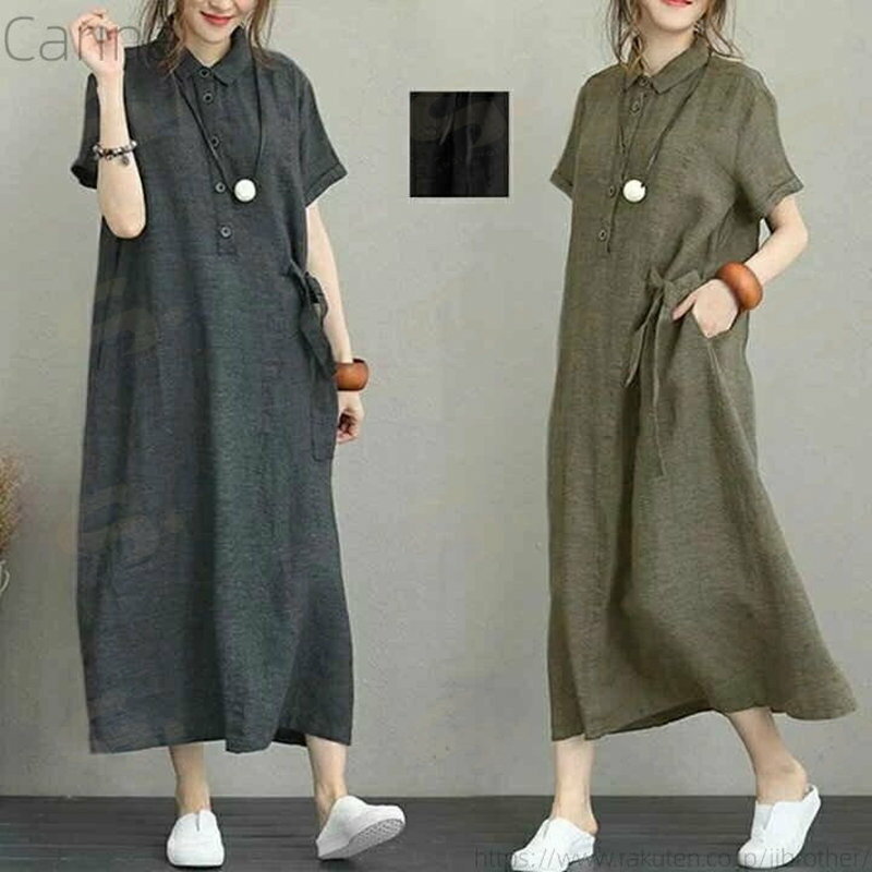 Rakuten - ロングワンピース ワンピース シャツワンピース 夏物 マキシ レディース 体型カバー 無地 薄手 大きいサイズ