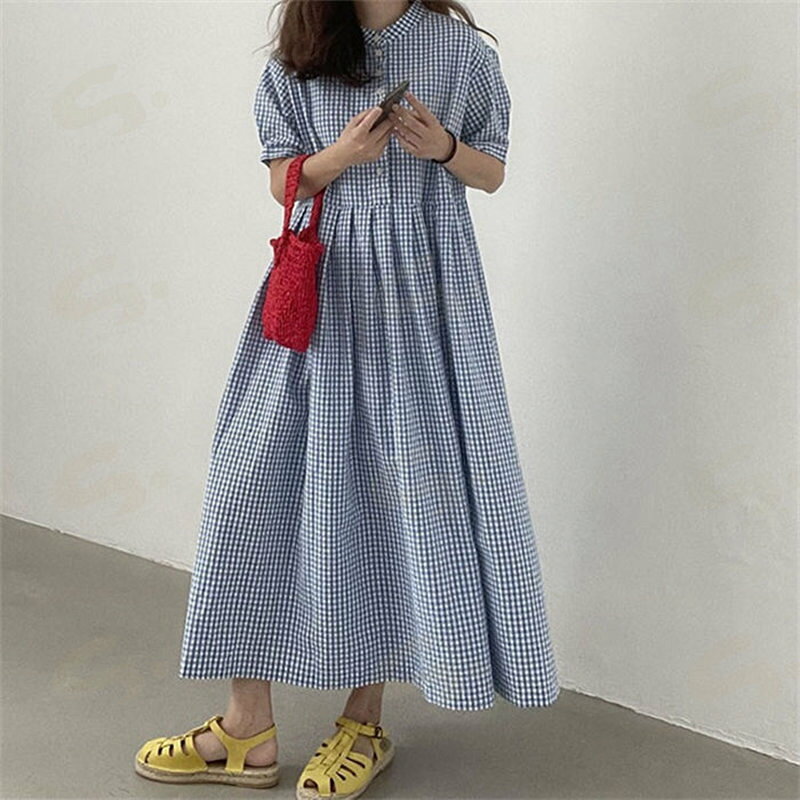 ワンピース シャツワンピース バンドカラー ボリューム袖 シャツワンピース チェック柄 ゆったり ロングワンピース マキシワンピース マキシ丈 きれいめ 体型カバー 大きいサイズ シャツワンピ 着痩せ 大人 ハワイ 薄手 可愛い 春夏 プルオーバー 母の日 30代 40代 50代 shareworks-10004047 しぇあわーくす 楽天市場店 サンプル画像2