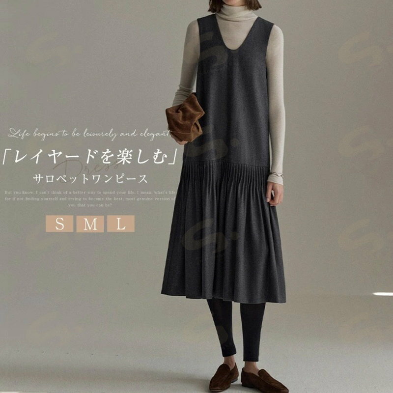 ジャンパースカート ワンピース レディース 春 秋 冬 Vネック ロング ワンピース Aライン ジャンスカ ジャンパースカート サロペット ワンピース ノースリーブ プリーツ ワンピース 重ね着 レイヤード 体型カバー 可愛い 大きいサイズ おしゃれ 着痩せ オフィス 通勤