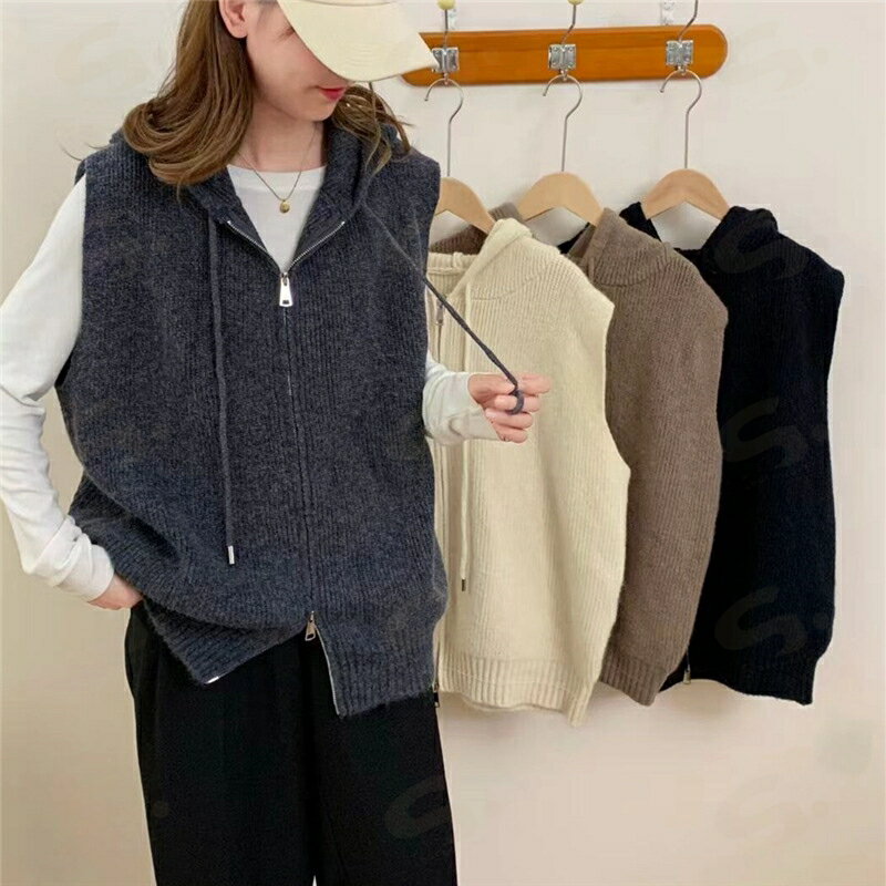 ニット ベスト フード付き レディース ニット ジレ ニット パーカー ベスト トップス 秋 冬 ニット ベスト 前開き 大きいサイズ ゆったり ノースリーブ 重ね着 レイヤード 着・せ 大人 シンプル カジュアル オフィス きれいめ おしゃれ カジュアル 無地 送料無料