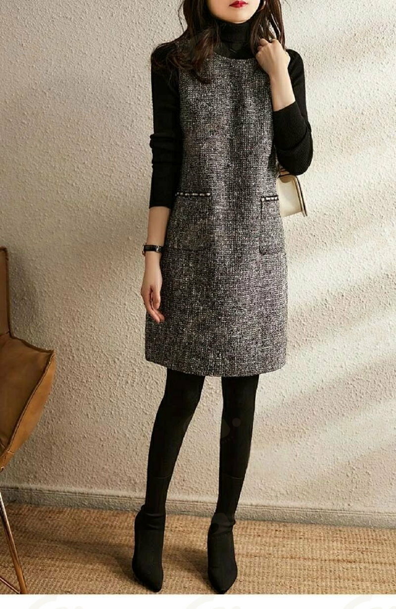 ジャンパースカート ワンピース 春 秋 冬 レディース ツイード ミディアム丈 ジャンスカ ジャンパースカート 膝丈 春 ツイード ワンピース ノースリーブ 重ね着 体型カバー 可愛い 大きいサイズ カジュアル 着痩せ 通勤 入学式 ポケット付き 大人 きれいめ オフィス 通勤