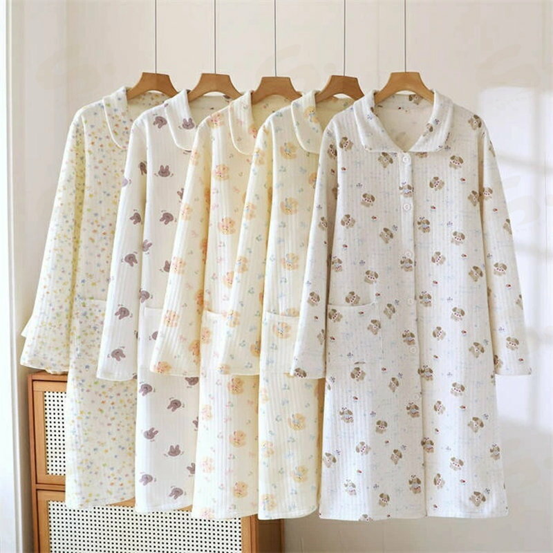 ネグリジェ ルームウエア ワンピース 綿 レディース 新作 長袖 いぬ ウサギ 折り襟 厚手 コットンワンピース パジャマ 前開き ボタン ロング ワンピ ルームワンピース 授乳服 春 秋 冬 可愛い 寝巻き 寝間着 快適 授乳 妊娠 産後 介護 ナイトウェア ナチュラル 送料無料 2