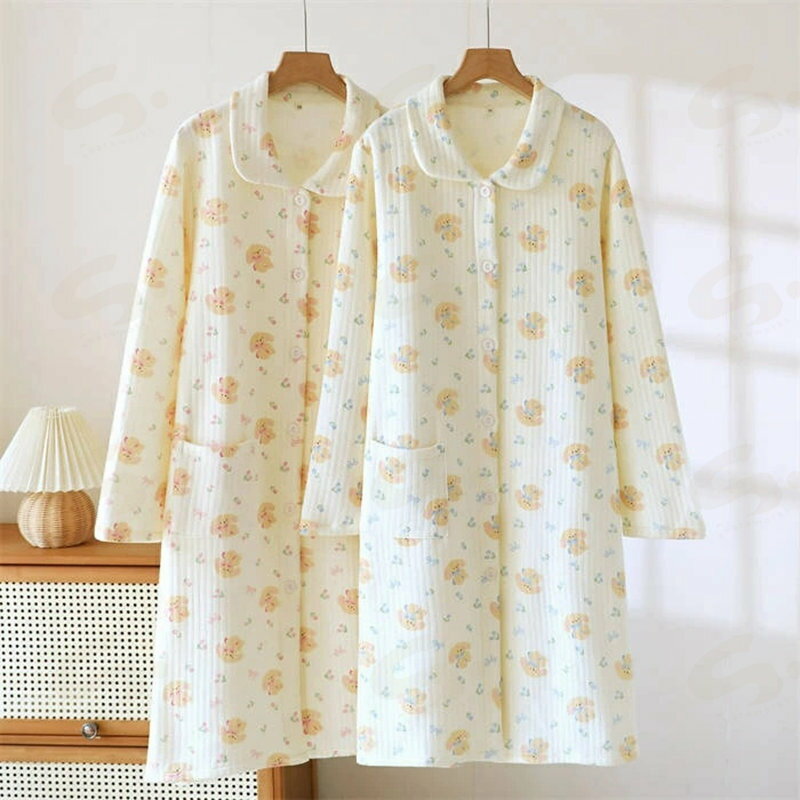 ネグリジェ ルームウエア ワンピース 綿 レディース 新作 長袖 いぬ ウサギ 折り襟 厚手 コットンワンピース パジャマ 前開き ボタン ロング ワンピ ルームワンピース 授乳服 春 秋 冬 可愛い 寝巻き 寝間着 快適 授乳 妊娠 産後 介護 ナイトウェア ナチュラル 送料無料 3