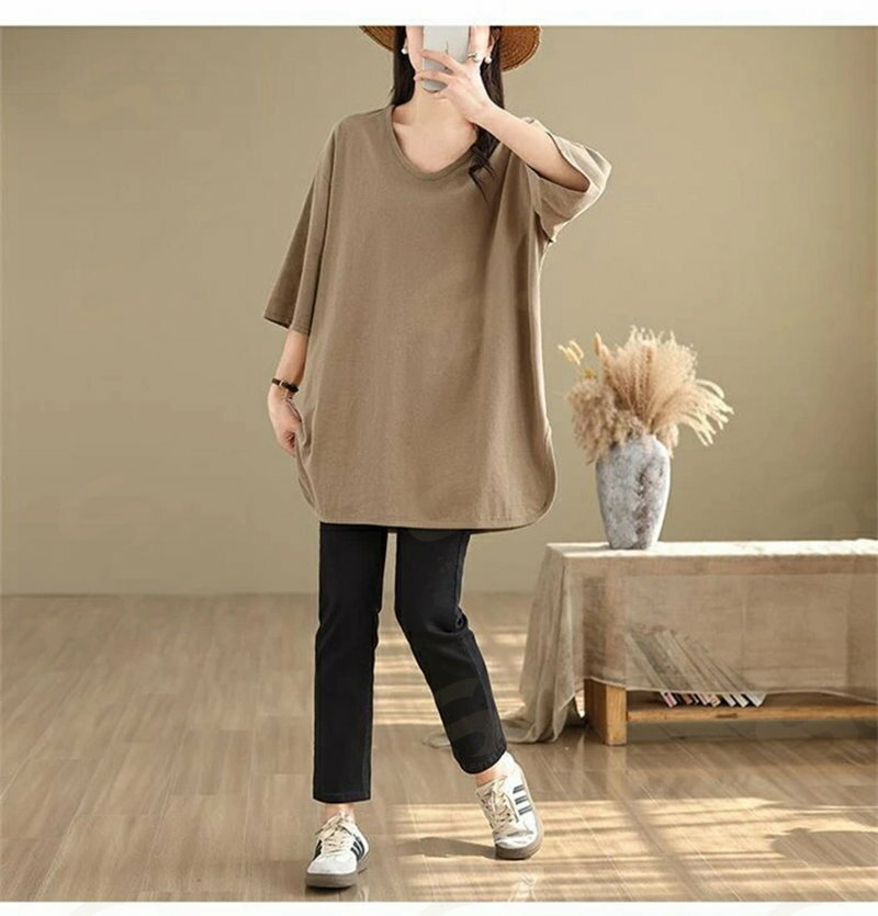 ロング tシャツ レディース Tシャツ カットソー チュニック 大きいサイズ ブラウス 五分袖 Tシャツ 夏 チュニック ワンピース フレア スリット 大きいサイズ プルオーバー ゆったり Vネック トップス 無地 カットソー キレイめ カジュアル 春 夏 秋 大人 可愛い 3