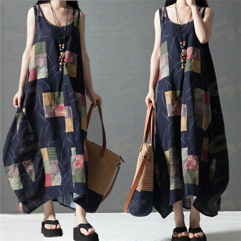 Other - ワンピース ロングワンピース ノースリープ　タンクワンピース 切り替え 混色 体型カバー ロング丈 大きいサイズ ゆったり 着痩せ 綿麻風 Aライン 30代 40代 50代 夏新作