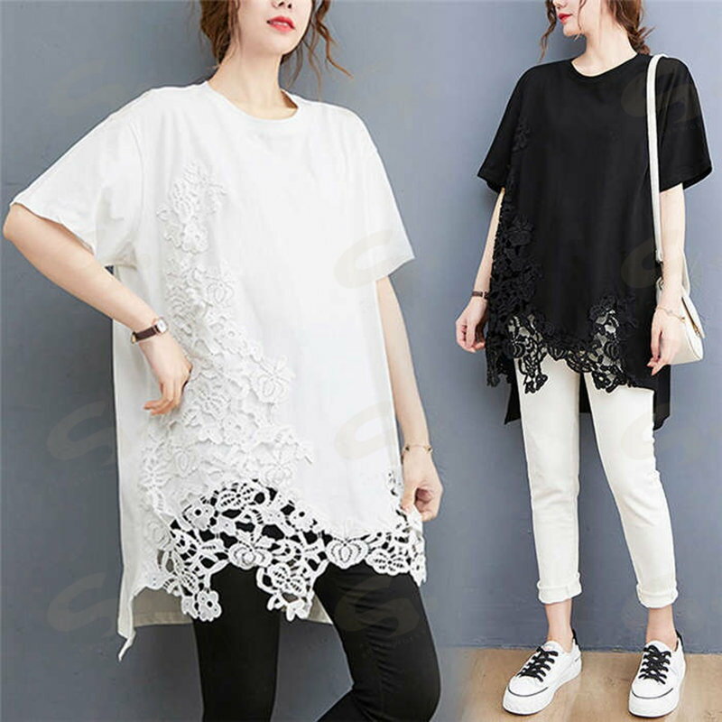 Tシャツ レディース チュニック シャツブラウス レース切り替え 刺・ 綿 UVカット 紫外線対策 ロングシャツ チュニックワンピ 半袖 上着 春 夏 綿 無地 体型カバー ゆったり カジュアル 通勤 OL 上品 透かし編み 可愛い 20代 30代 40代 送料無料