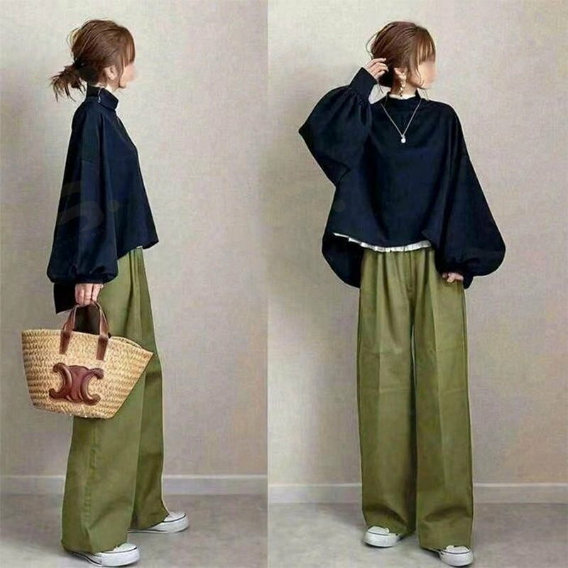 セットアップ ロングパンツ パンツドレス プチハイネック 長袖 パフスリーブ袖 ワ...