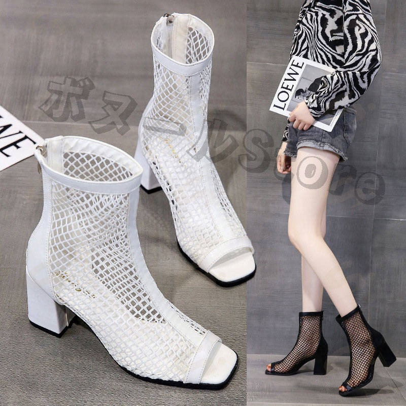 サマーブーツ ブーツサンダル レディース メッシュ 切り替え サンダル ぺたんこ 夏 美脚 ショートブーツ 通気 夏物 バックジップ ヒール8cm 太ヒール チャンキーヒール ブーツサンダル ブーサン 歩きやすい 痛くない