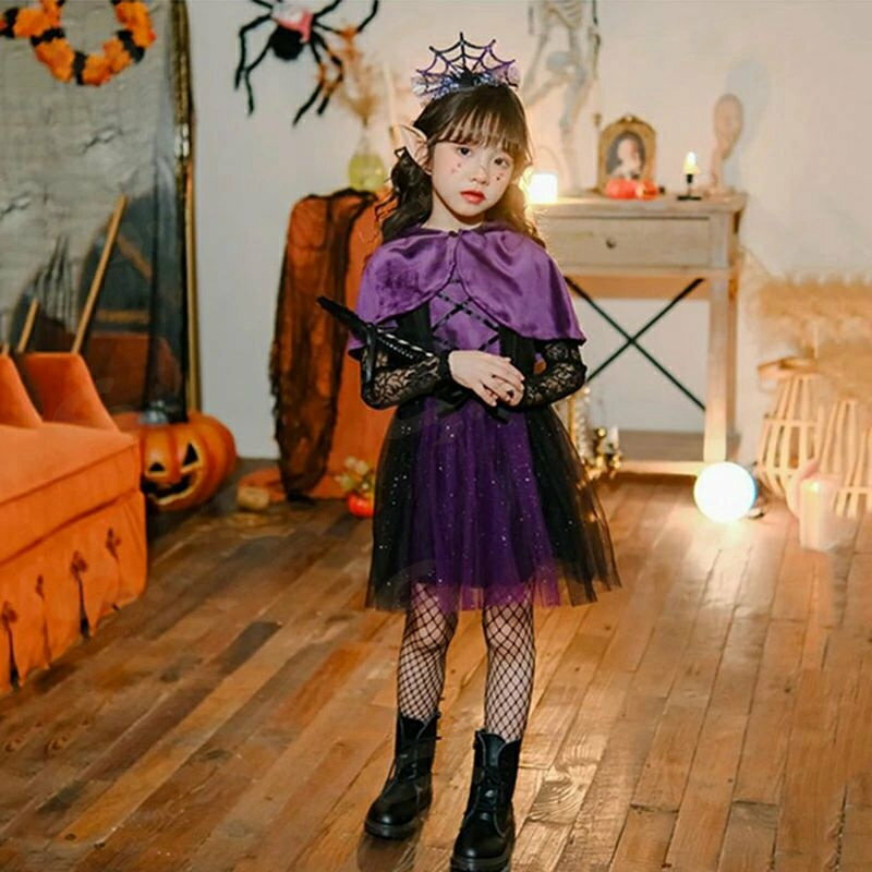 ハロウィン コスプレ 子供 女の子 魔女 ウィッチ 魔法使い キッズ ジュニア 子ども コスチューム マント付きのワンピース 魔法 巫女 コウモリ コスプレ 小魔女 ハロウィン衣装 コスプレ 衣装 万聖節 魔法師 イベント ドレス 120cm 130
