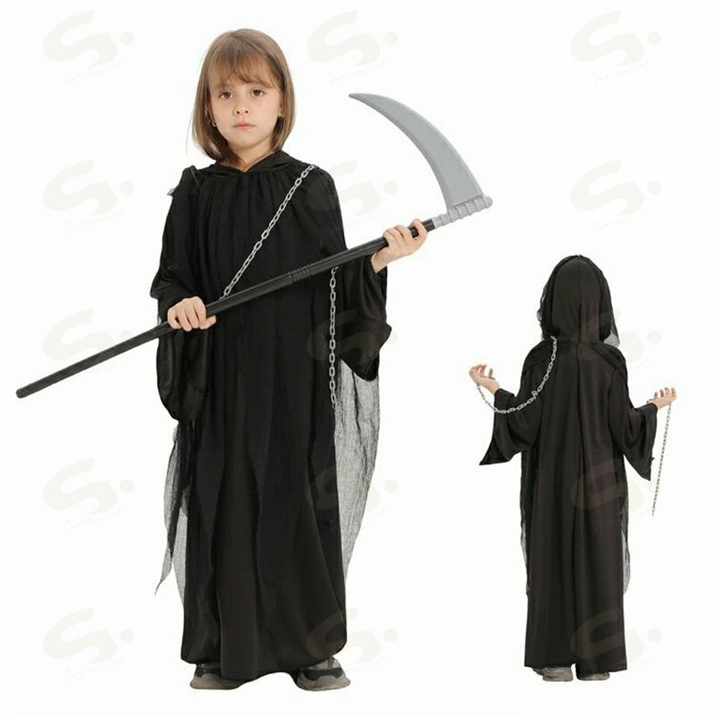 ハロウィン 死神 ローブ 悪魔 鎌 チェーン マント 3点セット 黒 ホラー ケープ 仮装 コスプレ コスチューム お化け マスカレード 子供服 学生 cosplay 子供服 可愛い 死神 仮装 フード付き 文化祭 部活 イベント 舞台服