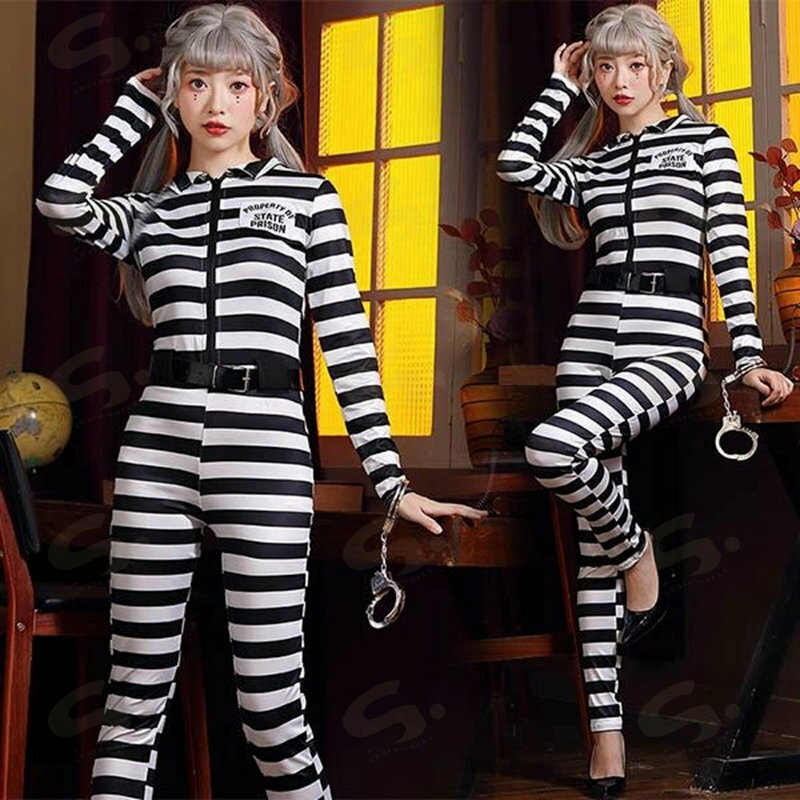 囚人服 ハロウィン衣装 コスチューム レディース ハロウィン コスプレ 衣装 セクシー 囚人 女性用 DS仮装 衣装 コスプレ 3点セット 白黒ストライプ ハロウィン衣装 オールインワン Halloween 大人 イベント パーティー 送料無料