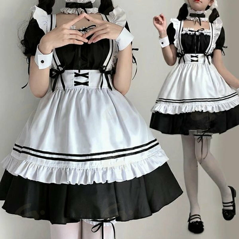 メイド服 ロング コスプレ衣装 半袖 エプロン 膝丈 クラシカル ロイヤルメイド レディース 大人用 イギリス風 フリル クラシカル 制服 喫茶店 変装 ゴスロリ ロング ワンピース 洋風 コスチューム ワンピース 髪飾り 腕帯 首輪 カチューシャ コス