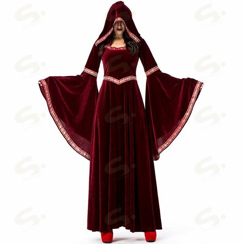中世ヨーロッパ貴族 魔女 悪魔 レディース 吸血鬼 バンパイア ハロウィン 仮装 ハロウィン衣装 女性用 巫女 フード付きワンピース 宮廷装 ハロウイン コスチューム バンパイア コスプレ衣装 お姫様 女王 魔女 物語 変装 イベント パーティー 文化祭