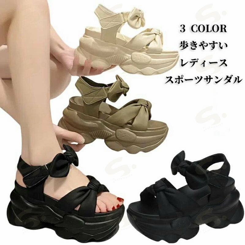 歩きやすい レディース スポーツサンダル 疲れない リボン 履きやすい スポサン 軽量 痛くない ダッドシューズ 厚底 浴衣 ボリュームソール ベルクロ 旅行 レジャー アウトドア マジックテープ