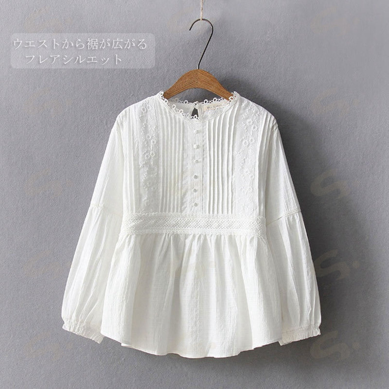しぇあわーくす 楽天市場店のブラウス 刺繍 チュニック レディース tシャツ 夏 白シャツ 花柄 シャツブラウス トップス 長袖 ギャザー フレア裾 無地 綿シャツ ロングシャツ プルオーバー 大きいサイズ ゆったり 体型カバー 可愛い ブラウス パフスリーブ スタンドカラー 着痩せ 通勤 通学 秋 送料無料｜アングル2