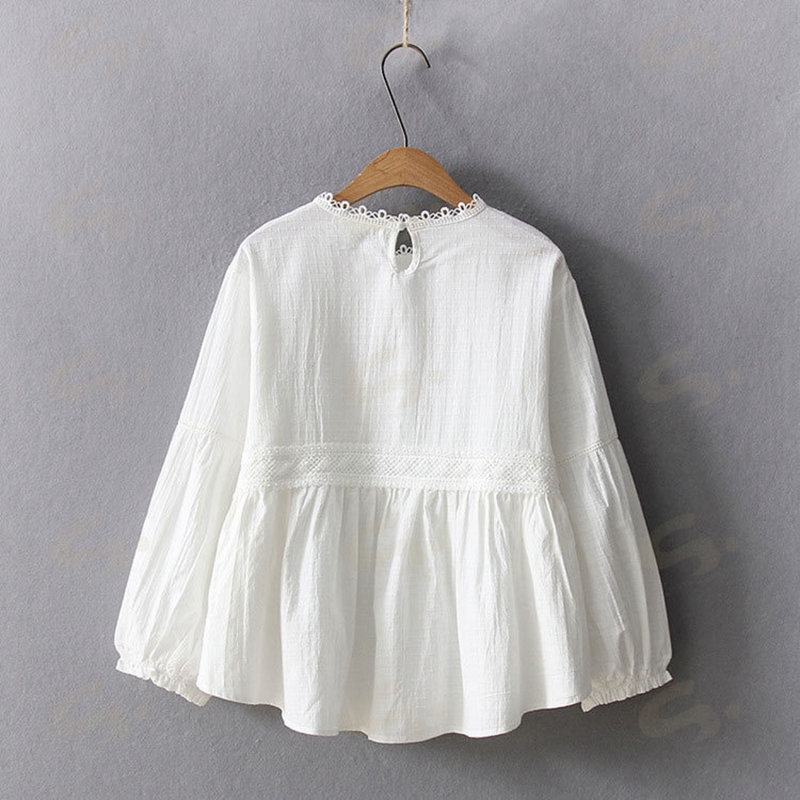 しぇあわーくす 楽天市場店のブラウス 刺繍 チュニック レディース tシャツ 夏 白シャツ 花柄 シャツブラウス トップス 長袖 ギャザー フレア裾 無地 綿シャツ ロングシャツ プルオーバー 大きいサイズ ゆったり 体型カバー 可愛い ブラウス パフスリーブ スタンドカラー 着痩せ 通勤 通学 秋 送料無料｜アングル3