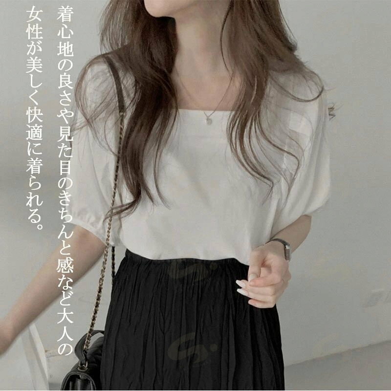 プルオーバー 半袖 シャツ ブラウス レディース 夏 トップス Tシャツ 半袖シャツ シャツブラウス ゆったり tシャツスクエアネック パフスリーブ 白シャツ 着痩せ 体型カバー カジュアル 20代 30代 40代 50代 大きいサイズ 白 春夏 送料無料
