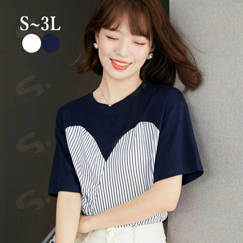 樂天商城 - Tシャツ　レディース 半袖　大きいサイズ　きれいめ　ストライプ　カットソー シャツ　ブラウス　切り替え　クルーネック　トップス　トレンド　フェミニン　夏　S M L 2L 3L