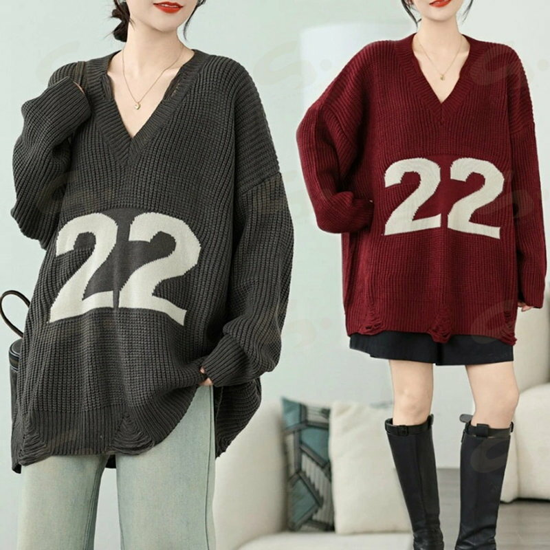 Three-Quarter Knit - ニット　アメカジ　ロゴ　レディース　ダメージ　ドルマン　ニットトップス　ロング　セーター　Vネック　チュニック　 プルオーバー　長袖　おしゃれ オーバーサイズ 大きサイズ　春　秋　冬