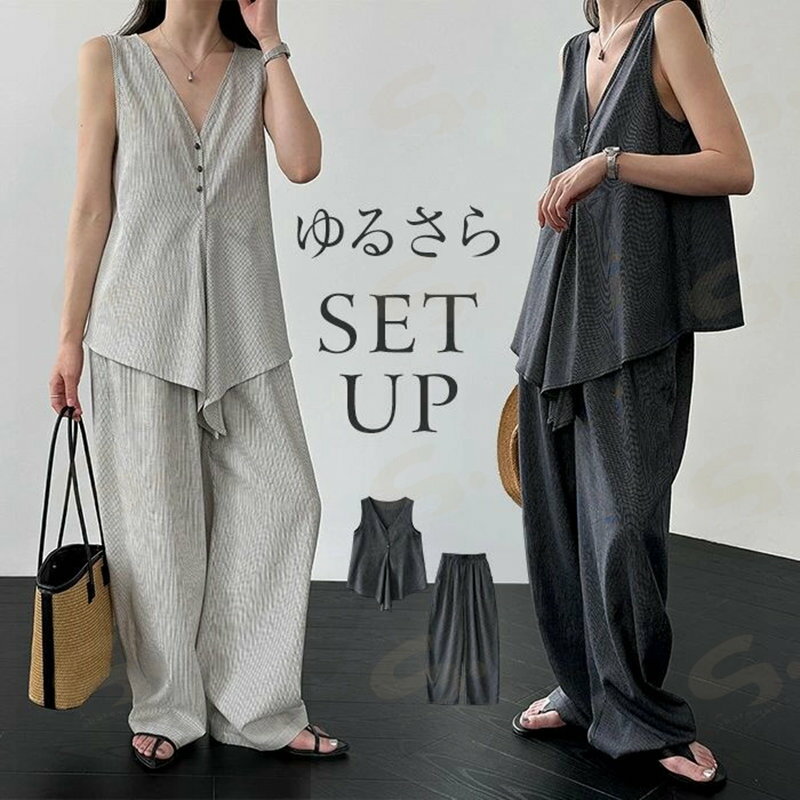 Rakuten - リネン セットアップ レディース カジュアル 夏 トップス ワイドパンツ ロング丈 ロングパンツ 麻混 麻 ノースリーブ リラックス リネンパンツ ウエストゴム 2点セット オフィスカジュアル 夏旅 旅行 夏コーデ ミセス 上品 きれいめ おしゃれ