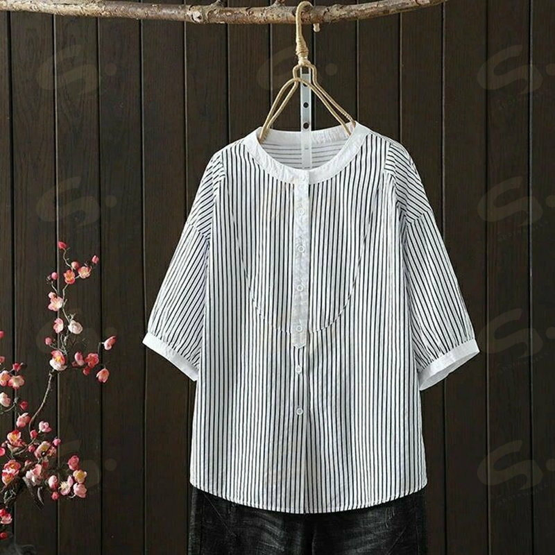樂天商城 - シャツ ストライプ コットンシャツ レディース 五分袖 春夏 ブラウス トップス Tシャツ バンドカラー ナチュラル シャツ 大人可愛い 大きいサイズ ゆったり フォーマル シンプル 通勤 カジュアル モード 春 夏 秋
