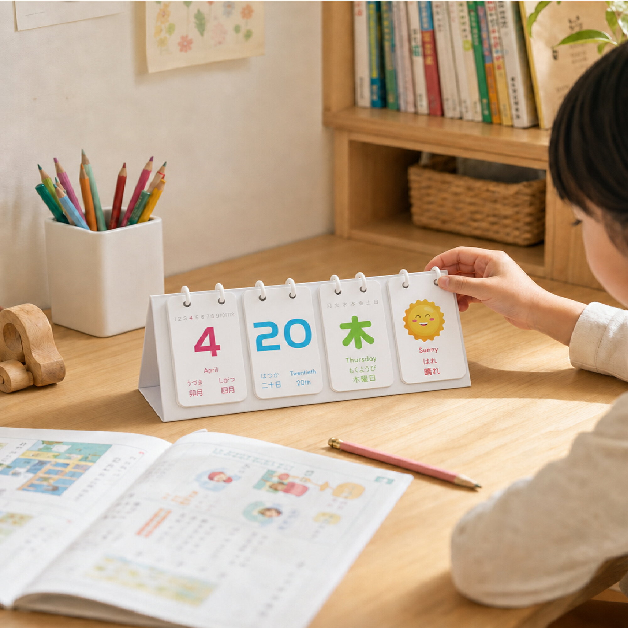 ・毎日の日付と曜日と天気を視覚的に確認するのに最適です。 日付と曜日と天気が英語、日本語、ひらがなで表記されているので、言語の学習にも役立ちます。 ・家庭や幼稚園、または学前教育施設に最適で、子供たちが日常生活の中で英語と日本語を楽しく習得できるようにサポートします。 ・子供から受付カウンターまで、幅広い年齢層と様々な業界で活用できるカレンダーです。 ・おもちゃとして持ち運びも簡単です。知育的な要素を兼ね備えた実用的なアイテムで、日々の生活に彩りを添えてくれるでしょう。 ・カラフルなデザインが目を引き、受付カウンターなどでも場所を選ばず使用できます。 日常生活の中で英語と日本語の基本知識を自然に習得できるようにサポートします。 色鮮やかなデザインは、子供たちの注意を引き、楽しい学習体験を提供します。・日付と曜日と天気: 卓上カレンダーは日付と曜日と天気を英語、日本語、ひらがなで表示し、わかりやすい視認性を提供します。 ・知育的な学習ツール: 子供たちが日付と曜日を楽しみながら覚えられるよう、カラフルでユニークなデザインになっています。 ・受付カウンターに最適: 受付やフロントデスクでお客様への情報提供に役立ちます。 ・豊富な動物図鑑：裏面には58種の動物の画像が印刷されており、それぞれの画像には対応する英語の発音、英単語、そして日本語の片仮名が付いていて、子供たちの認識と記憶を助けます。 ・高品質素材：環境に優しい紙を使用し、安全で防水無毒なため、子供たちにも安心して使えます。カレンダーはシンプルなデザインで、デスク上に置いても実用的で美しいです。