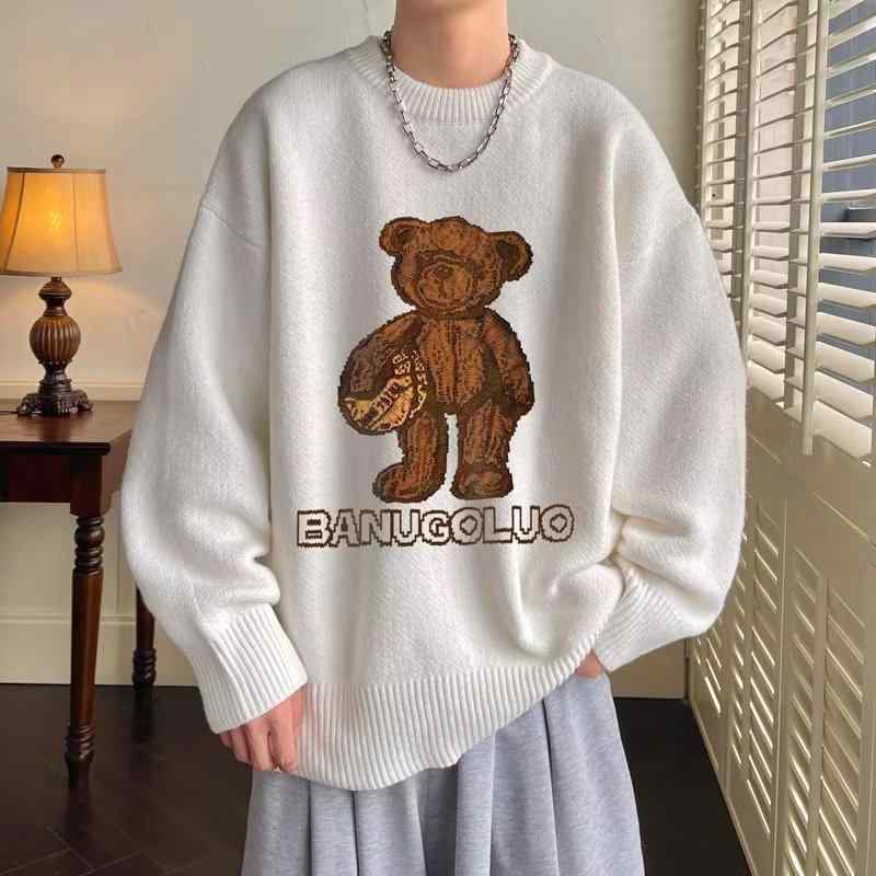 ニット メンズ 秋冬 ゆったり クマ柄 セーター プルオーバー トップス 長袖 丸首 カジュアル レトロ 日系 普段使い かわいい ポリエステ