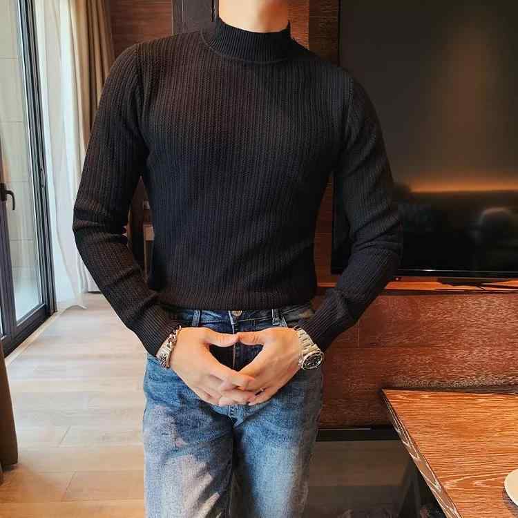 ニット メンズ 秋冬 ハイネック トップス 長袖 無地 スリムフィット プルオーバー 洗える 普段使い 冬服 ブラック ホワイト グリーン ブ