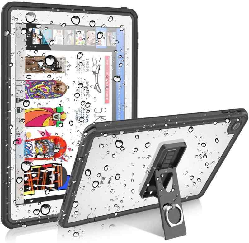 iPad 防水ケースタブレットケースIP68規格 軽量 薄型 携帯ケーススタンド機能付き 滑らか操作 調節可能スタンドとストラップ付き 防雪 防塵 お風呂 水泳 登山 研究室キッチン適用