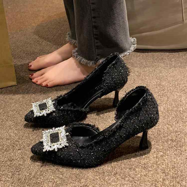 高跟パンプス レディース 婦人靴 ポインテッドトゥ ピンヒール メッシュ ビジュー付き ブラック ホワイト パーティー 二次会 お呼ばれ デート(x2)