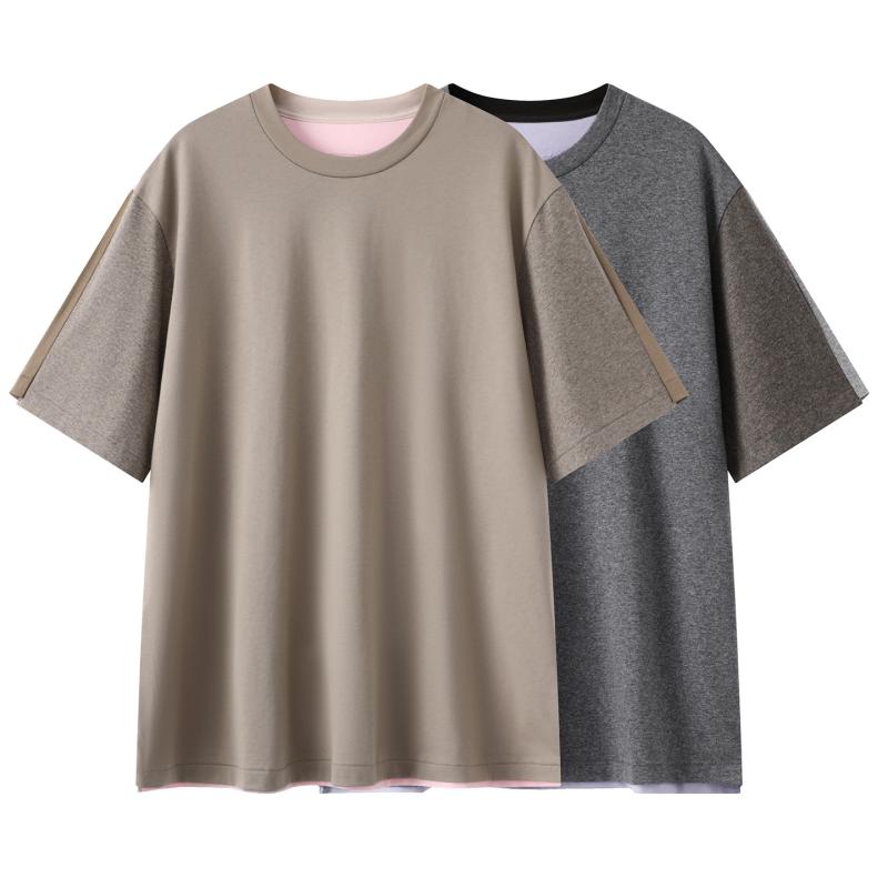 Rakuten - Tシャツ レディース 春夏 コットン 半袖 丸首 切り替え プリント ゆったり スリム トップス カットソー 普段使い 通勤着 ブラック ピンク系 グレー パープル