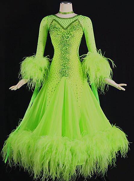 【新商品】社交ダンスドレス競技用ドレスステージ衣装・ドレスデモ衣装　舞台・演奏会・発表会ドレス【送料無料】【セミオーダー】競技用モダンドレス　ワルツドレス　モダンドレスボディのストーンがゴージャスオーストリッチが印象的