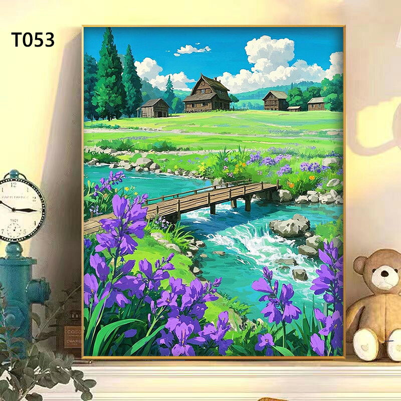 送料無料 5色 塗り絵 田園ログハウス 清流風景 数字油絵 数字塗り絵 数字油絵セット ぬりえ 油絵風 絵画 DIY絵 お絵描き 油絵キット アクリル絵画 ナンバー油絵キット 30x40cm 楽天海外通販