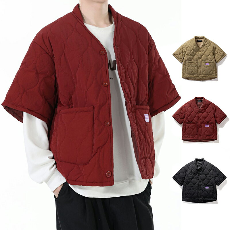 Rakuten - 送料無料 半袖 ジャケット メンズ アウター 男女兼用 厚手 冬服 レトロ ポリエステル綿服 ノーネック ミッドスリーブ ゆったり ひょうたん型のテクスチャー 瓢箪 サイトポケット 大きいサイズ ビッグサイズ 前開きボタン式 無地 黒 ワインレッド ベージュ 楽天海外通販