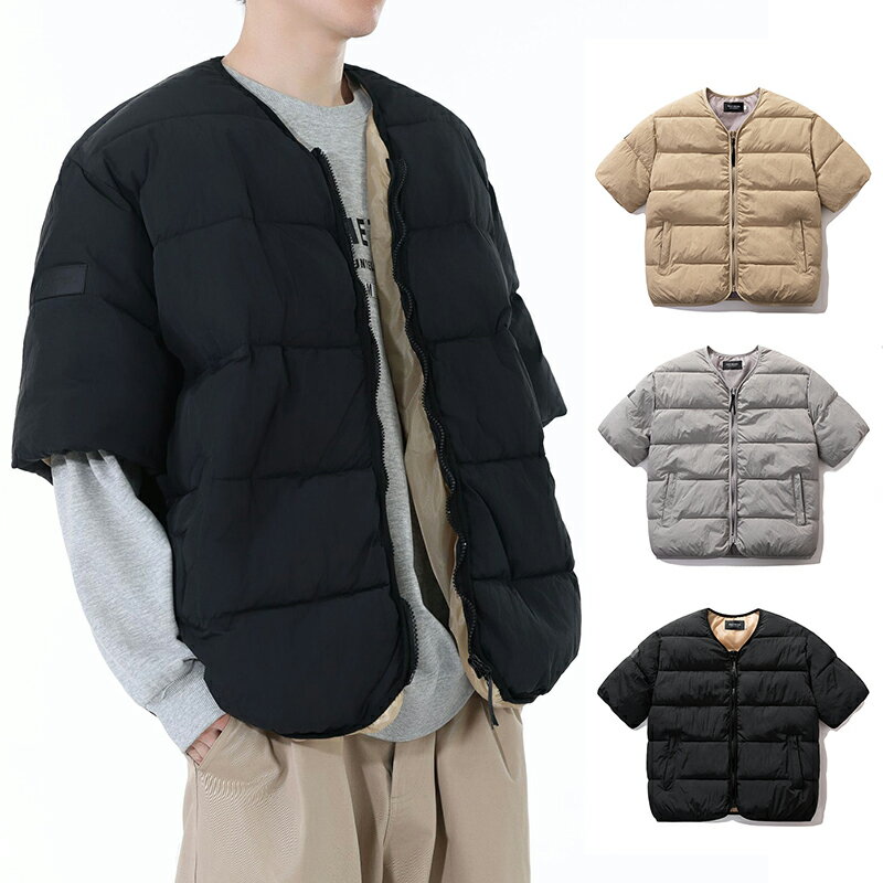 乐天商城 - 送料無料 半袖 ジャケット メンズ アウター 男女兼用 厚手 冬服 レトロ ポリエステル綿服 ノーネック ミッドスリーブ ゆったり サイトポケット 大きいサイズ ビッグサイズ 前開きジッパー式 無地 黒 グレー ベージュ 楽天海外通販