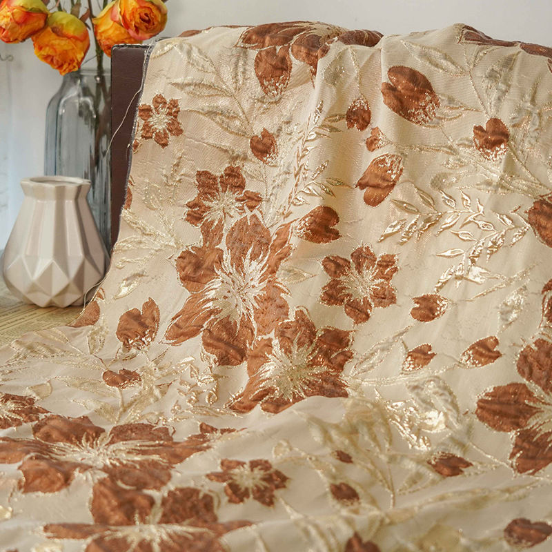 送料無料 140cm幅 90cm単位 生地 布 布地 きじ ジャカード生地 エンボス生地 色織り 花柄 ブラウン グリーン ゴールド やや硬い 楽天海外通販