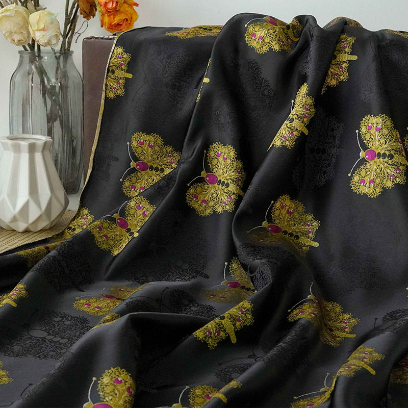 送料無料 155cm幅 90cm単位 生地 布 布地 きじ ジャカード生地 色織り 蝶柄 ブラック レッド イエロー ピンク ホワイト 楽天海外通販