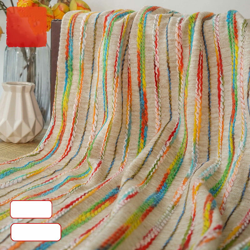 送料無料 140cm幅 90cm単位 生地 布 布地 きじ ジャカード生地 ウール 色織り ニット ストライプ カラフル ブルー 杏色 ケープ生地 カーペット生地 民族風 エスニック 秋冬 暖かい 厚手 楽天海外通販