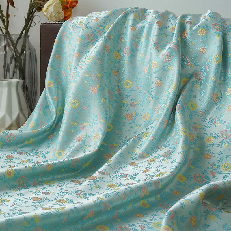 Rakuten - 送料無料 140cm幅 90cm単位 生地 布 布地 きじ ジャカード生地 サテン生地 色織り 花柄 ブルー ピンク 杏色 楽天海外通販